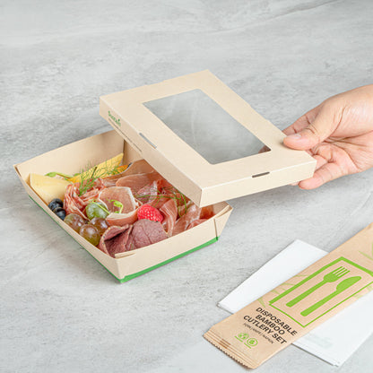 Sustain 28 oz Bamboo Paper Small Take Out Container - with PLA Lining and Window, Compostable - 7 1/2" x 5" x 1 1/2" - 200 count box
