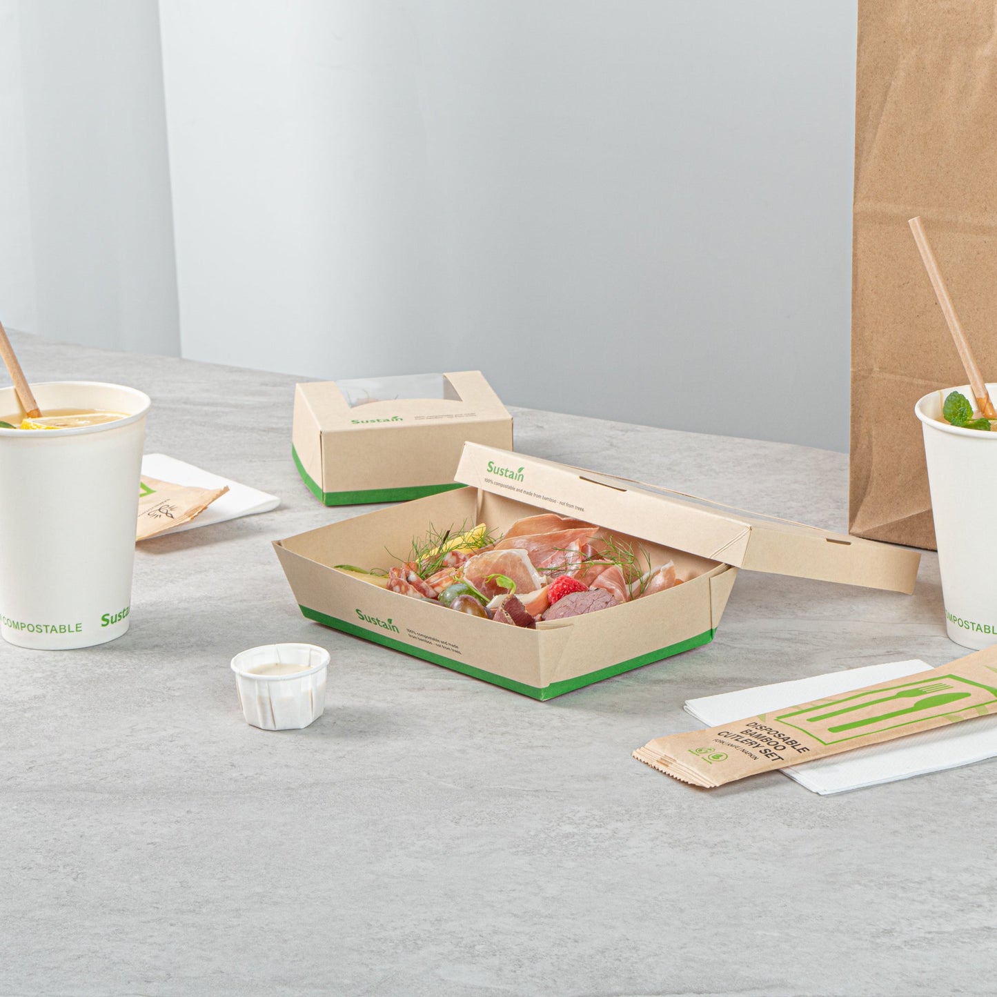 Sustain 28 oz Bamboo Paper Small Take Out Container - with PLA Lining and Window, Compostable - 7 1/2" x 5" x 1 1/2" - 200 count box