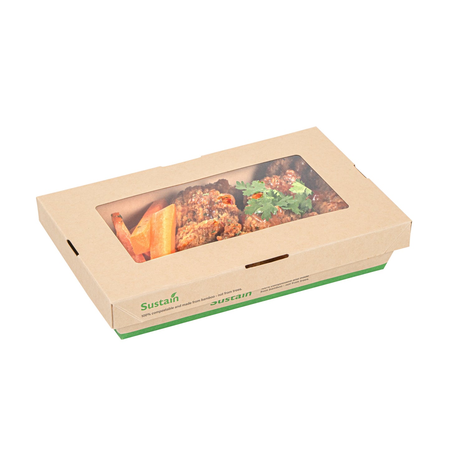 Sustain 34 oz Bamboo Paper Large Take Out Container - with PLA Lining and Window, Compostable - 8 1/2" x 5 1/4" x 1 1/2" - 50 count box