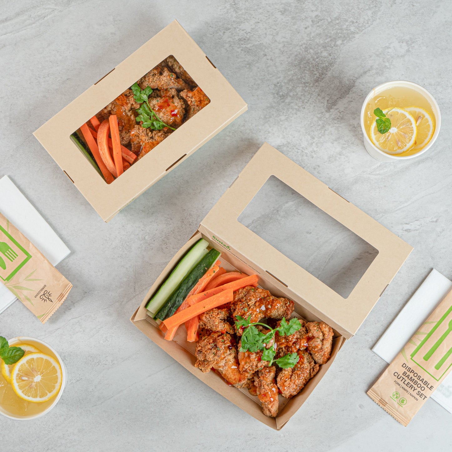 Sustain 34 oz Bamboo Paper Large Take Out Container - with PLA Lining and Window, Compostable - 8 1/2" x 5 1/4" x 1 1/2" - 50 count box