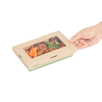 Sustain 34 oz Bamboo Paper Large Take Out Container - with PLA Lining and Window, Compostable - 8 1/2" x 5 1/4" x 1 1/2" - 50 count box