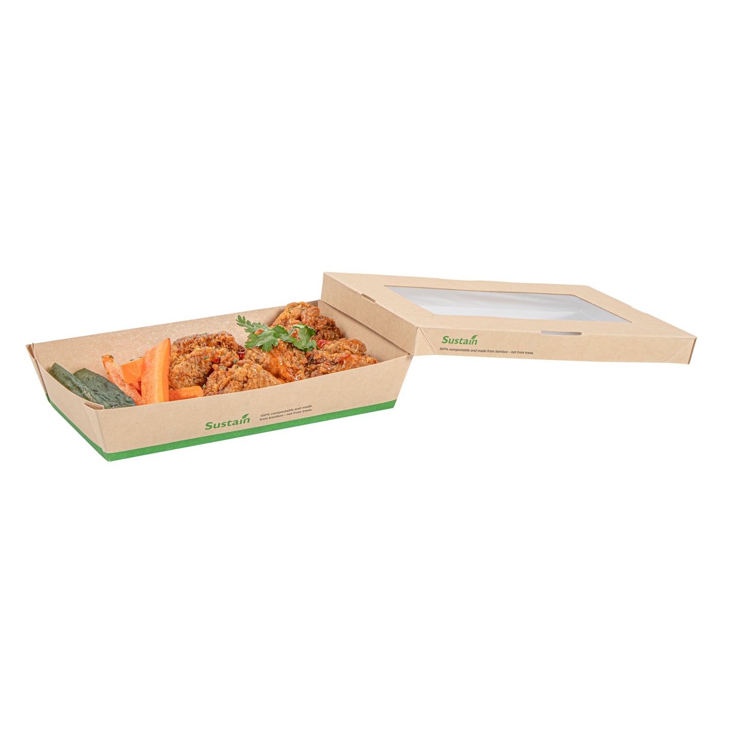 Sustain 34 oz Bamboo Paper Large Take Out Container - with PLA Lining and Window, Compostable - 8 1/2" x 5 1/4" x 1 1/2" - 50 count box