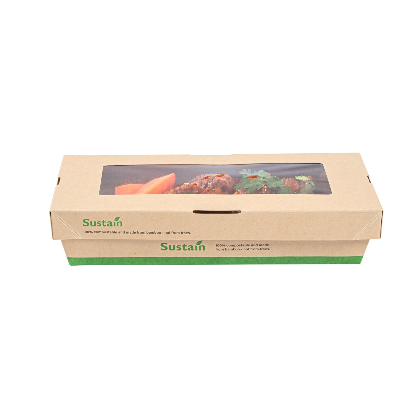 Sustain 34 oz Bamboo Paper Large Take Out Container - with PLA Lining and Window, Compostable - 8 1/2" x 5 1/4" x 1 1/2" - 50 count box