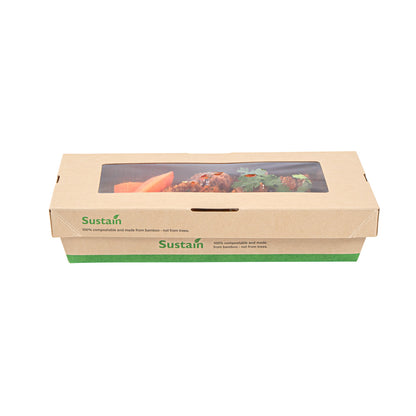 Sustain 34 oz Bamboo Paper Large Take Out Container - with PLA Lining and Window, Compostable - 8 1/2" x 5 1/4" x 1 1/2" - 50 count box