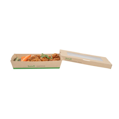 Sustain 34 oz Bamboo Paper Large Take Out Container - with PLA Lining and Window, Compostable - 8 1/2" x 5 1/4" x 1 1/2" - 50 count box