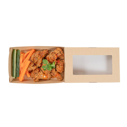 Sustain 34 oz Bamboo Paper Large Take Out Container - with PLA Lining and Window, Compostable - 8 1/2" x 5 1/4" x 1 1/2" - 50 count box