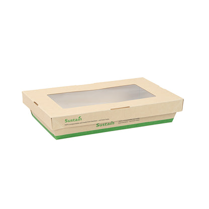 Sustain 34 oz Bamboo Paper Large Take Out Container - with PLA Lining and Window, Compostable - 8 1/2" x 5 1/4" x 1 1/2" - 50 count box