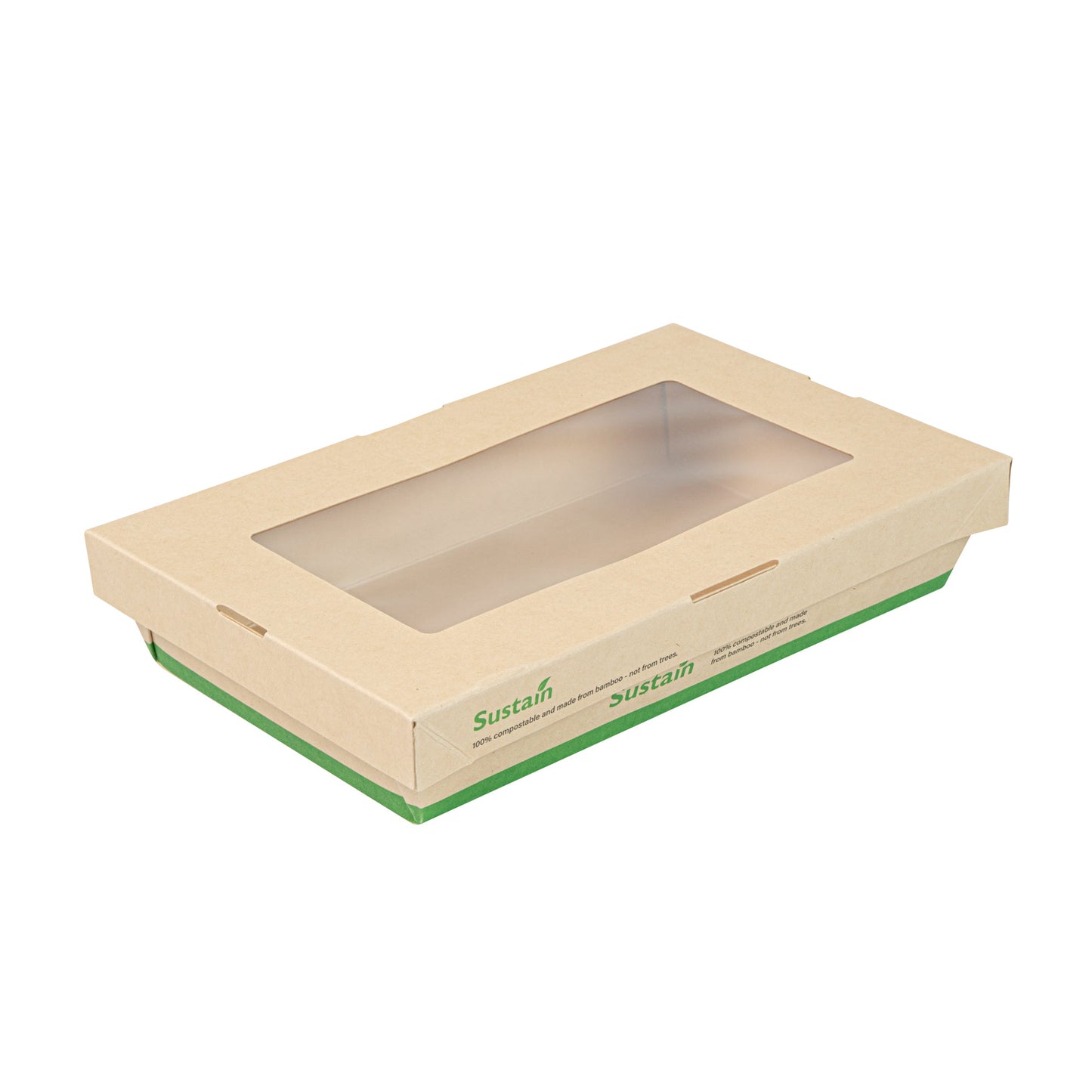 Sustain 34 oz Bamboo Paper Large Take Out Container - with PLA Lining and Window, Compostable - 8 1/2" x 5 1/4" x 1 1/2" - 50 count box