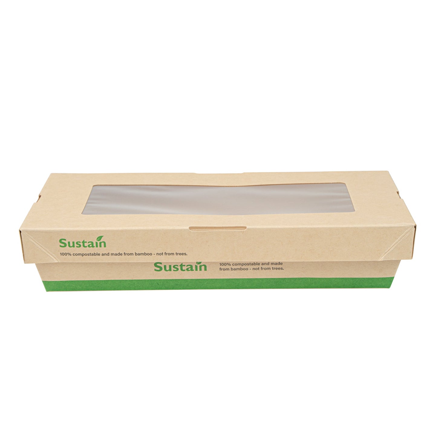 Sustain 34 oz Bamboo Paper Large Take Out Container - with PLA Lining and Window, Compostable - 8 1/2" x 5 1/4" x 1 1/2" - 50 count box