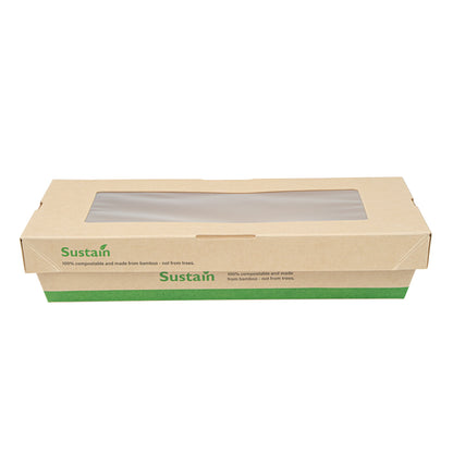 Sustain 34 oz Bamboo Paper Large Take Out Container - with PLA Lining and Window, Compostable - 8 1/2" x 5 1/4" x 1 1/2" - 50 count box
