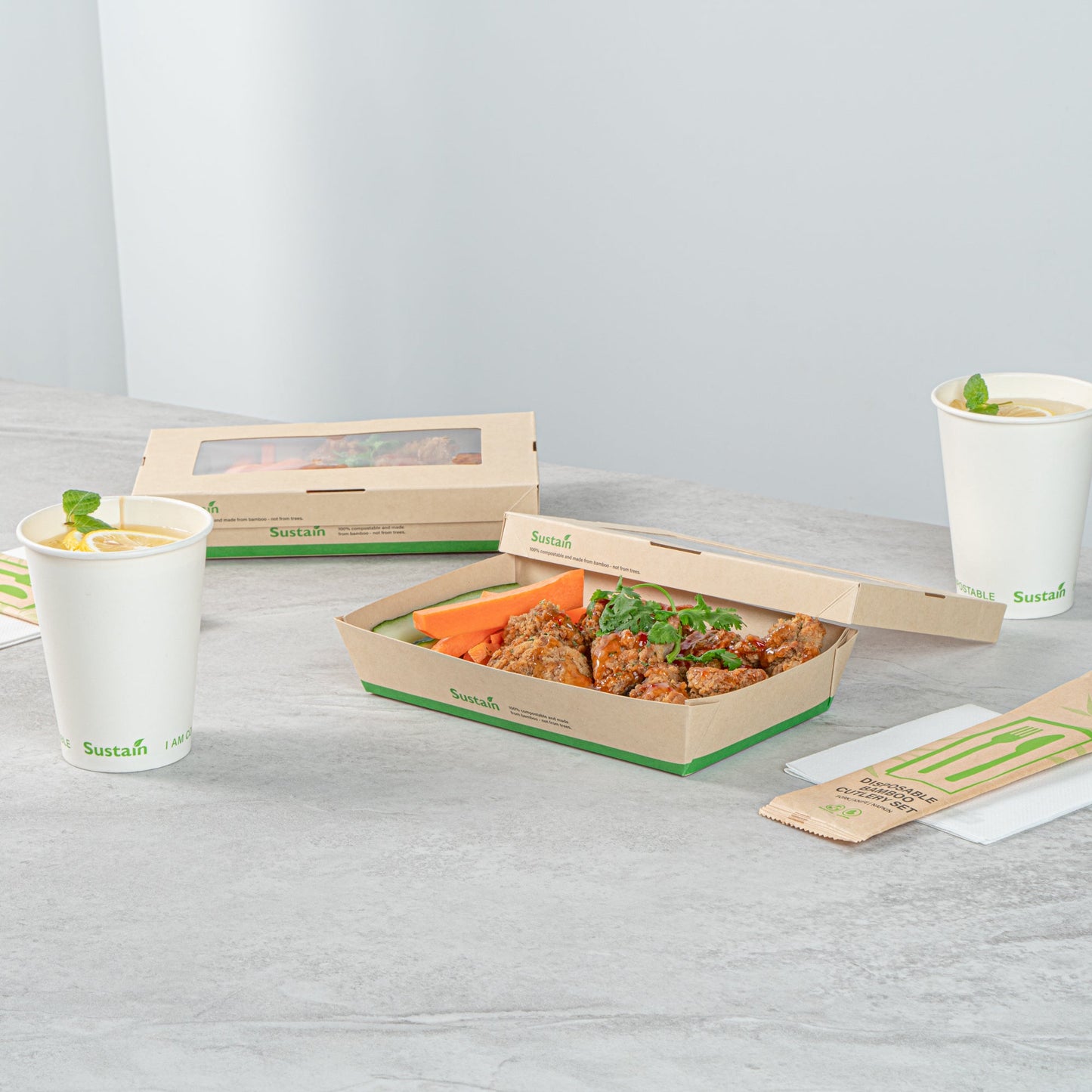 Sustain 34 oz Bamboo Paper Large Take Out Container - with PLA Lining and Window, Compostable - 8 1/2" x 5 1/4" x 1 1/2" - 50 count box