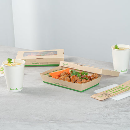 Sustain 34 oz Bamboo Paper Large Take Out Container - with PLA Lining and Window, Compostable - 8 1/2" x 5 1/4" x 1 1/2" - 50 count box