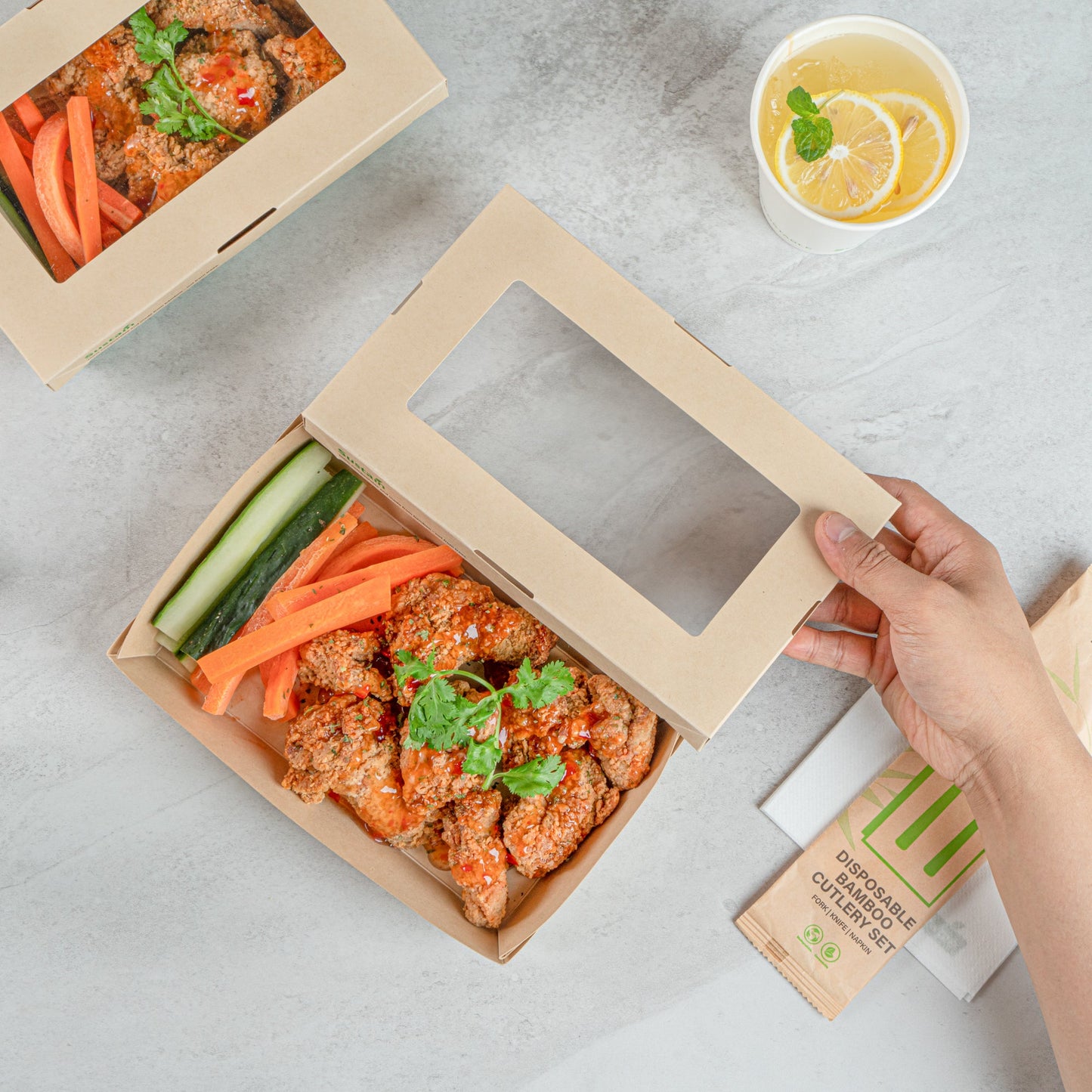 Sustain 34 oz Bamboo Paper Large Take Out Container - with PLA Lining and Window, Compostable - 8 1/2" x 5 1/4" x 1 1/2" - 50 count box