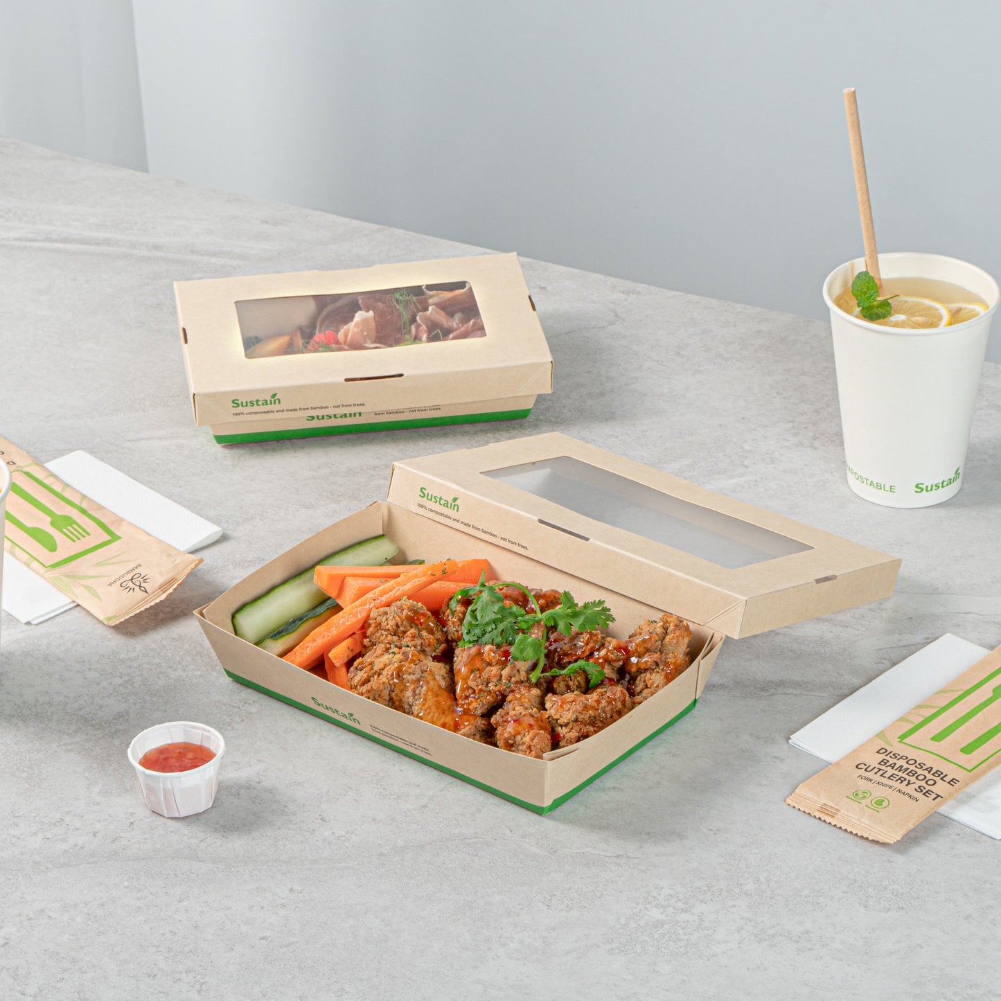 Sustain 34 oz Bamboo Paper Large Take Out Container - with PLA Lining and Window, Compostable - 8 1/2" x 5 1/4" x 1 1/2" - 50 count box