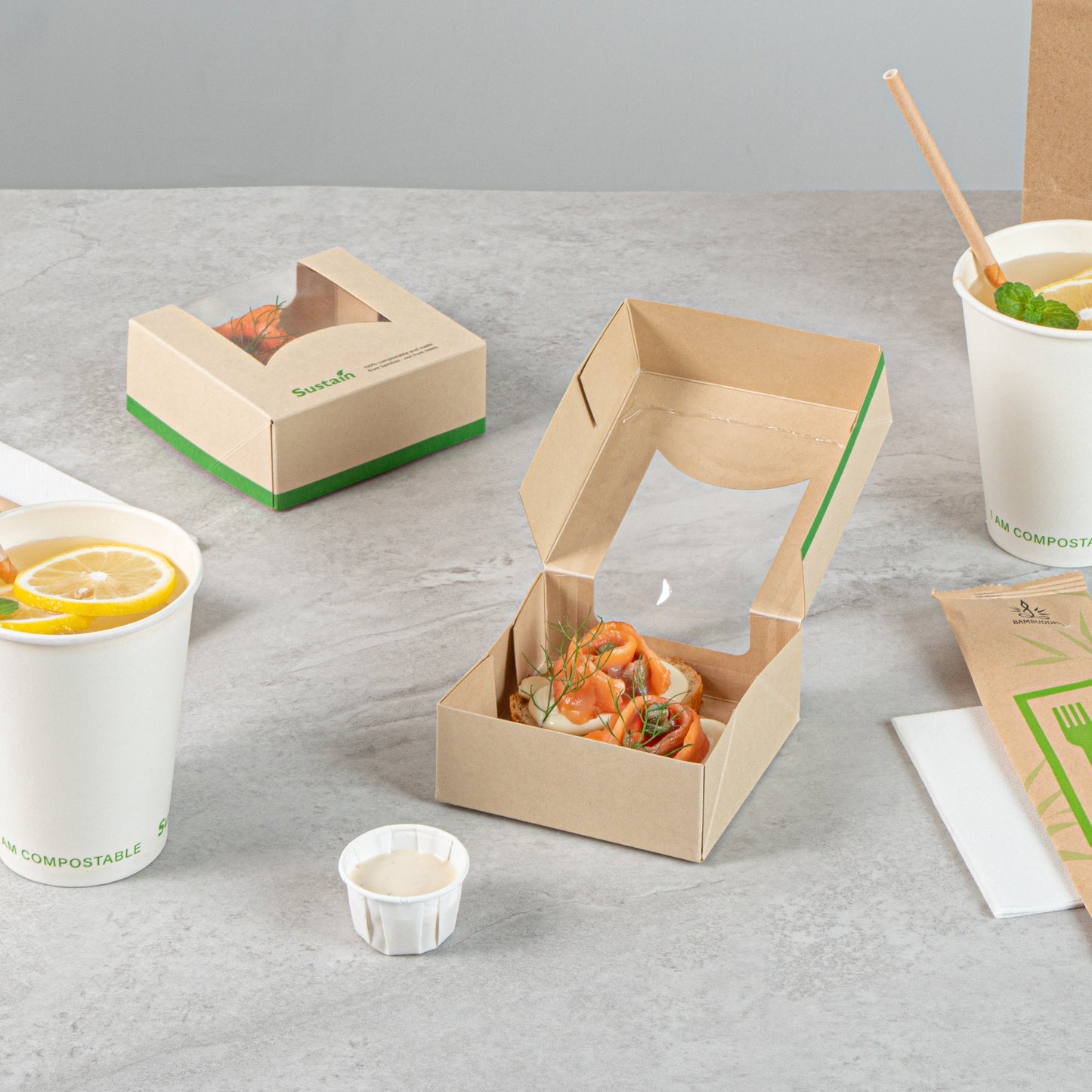 Sustain 11 oz Bamboo Paper Small Take Out Container - with PLA Lining and Window, Compostable - 4" x 4" x 1 1/2" - 200 count box