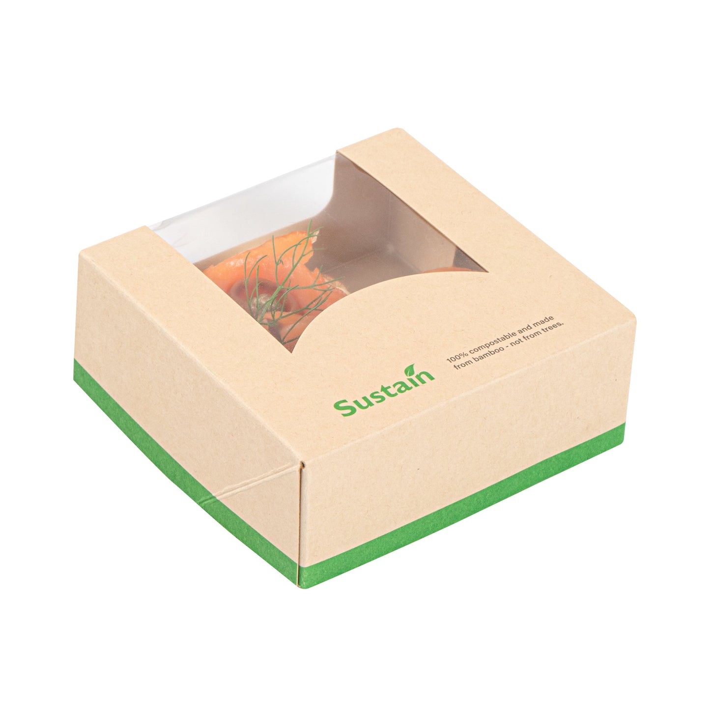 Sustain 11 oz Bamboo Paper Small Take Out Container - with PLA Lining and Window, Compostable - 4" x 4" x 1 1/2" - 50 count box