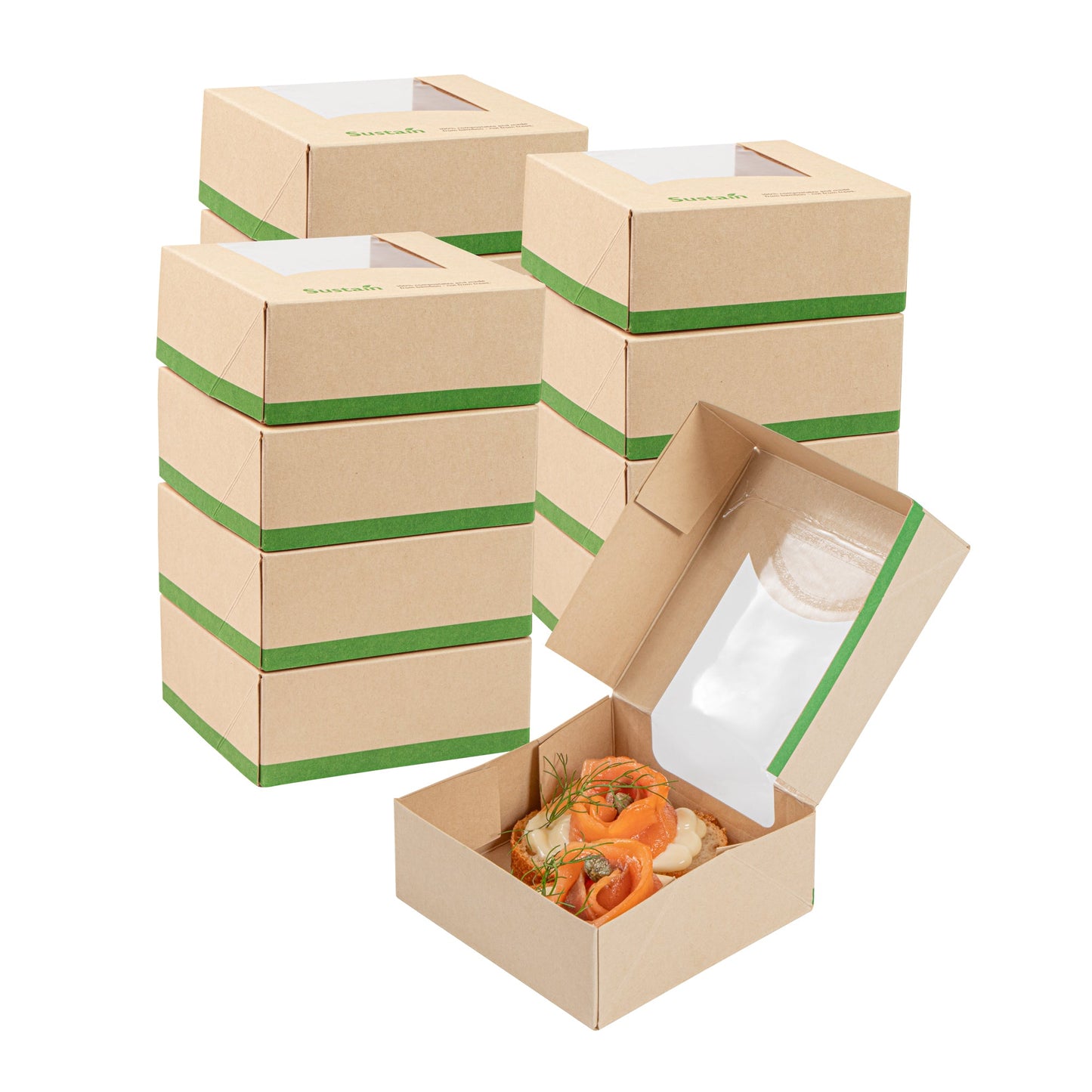 Sustain 11 oz Bamboo Paper Small Take Out Container - with PLA Lining and Window, Compostable - 4" x 4" x 1 1/2" - 50 count box