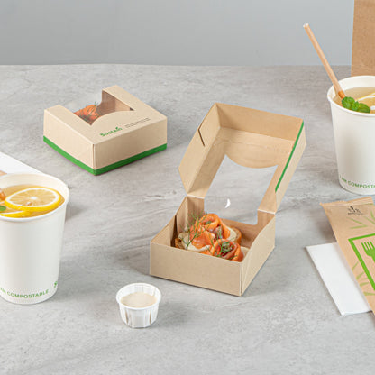 Sustain 11 oz Bamboo Paper Small Take Out Container - with PLA Lining and Window, Compostable - 4" x 4" x 1 1/2" - 50 count box