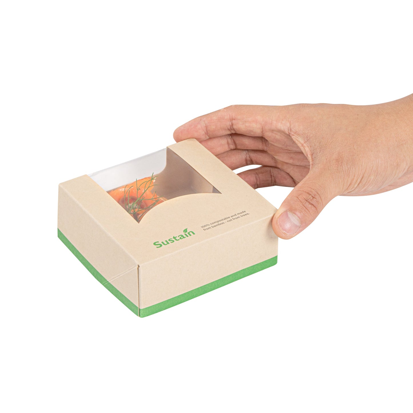 Sustain 11 oz Bamboo Paper Small Take Out Container - with PLA Lining and Window, Compostable - 4" x 4" x 1 1/2" - 50 count box