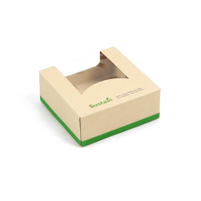 Sustain 11 oz Bamboo Paper Small Take Out Container - with PLA Lining and Window, Compostable - 4" x 4" x 1 1/2" - 50 count box