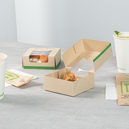 Sustain 11 oz Bamboo Paper Small Take Out Container - with PLA Lining and Window, Compostable - 4" x 4" x 1 1/2" - 50 count box