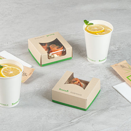 Sustain 11 oz Bamboo Paper Small Take Out Container - with PLA Lining and Window, Compostable - 4" x 4" x 1 1/2" - 50 count box