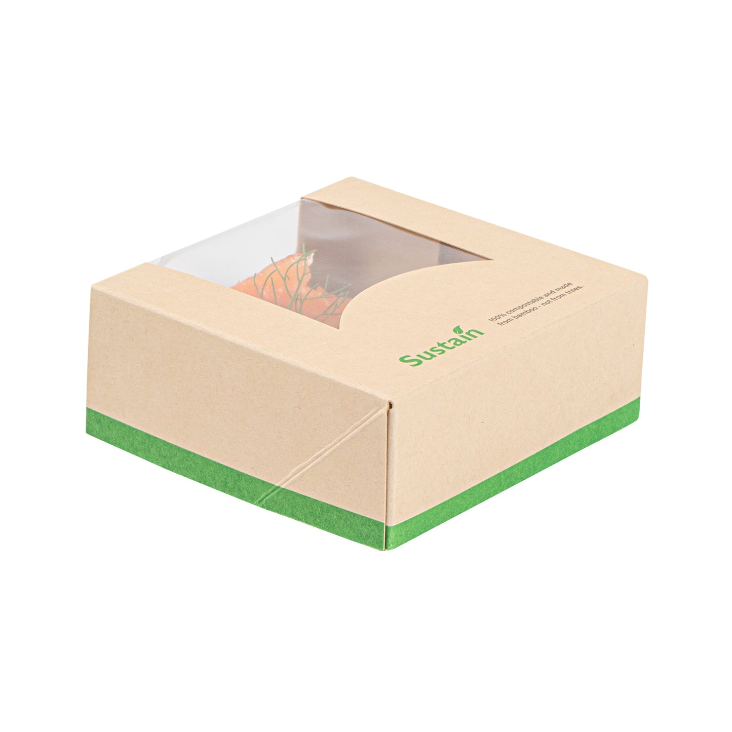 Sustain 11 oz Bamboo Paper Small Take Out Container - with PLA Lining and Window, Compostable - 4" x 4" x 1 1/2" - 200 count box