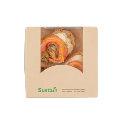 Sustain 11 oz Bamboo Paper Small Take Out Container - with PLA Lining and Window, Compostable - 4" x 4" x 1 1/2" - 200 count box