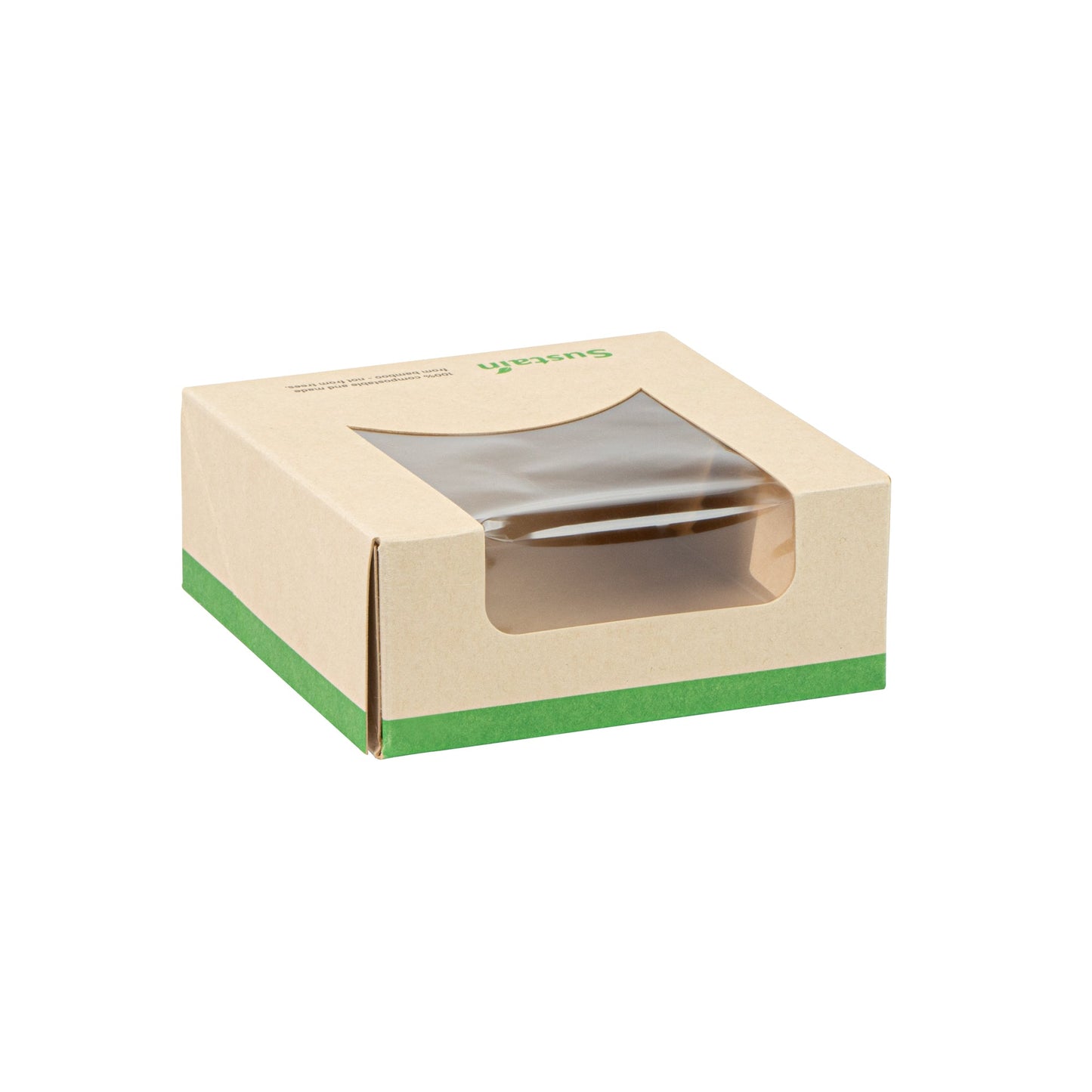 Sustain 11 oz Bamboo Paper Small Take Out Container - with PLA Lining and Window, Compostable - 4" x 4" x 1 1/2" - 200 count box
