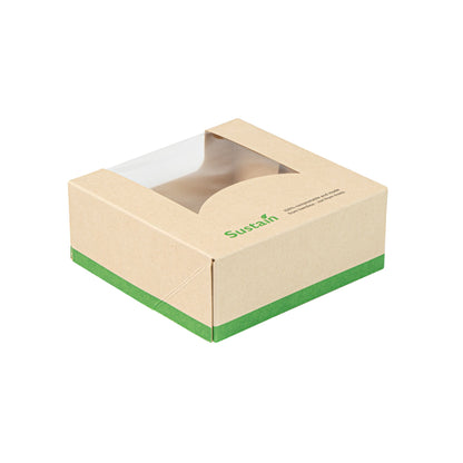 Sustain 11 oz Bamboo Paper Small Take Out Container - with PLA Lining and Window, Compostable - 4" x 4" x 1 1/2" - 200 count box