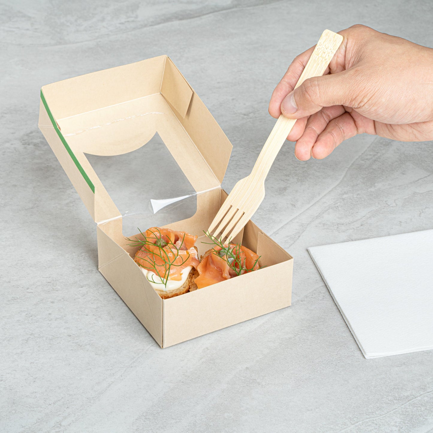 Sustain 11 oz Bamboo Paper Small Take Out Container - with PLA Lining and Window, Compostable - 4" x 4" x 1 1/2" - 200 count box