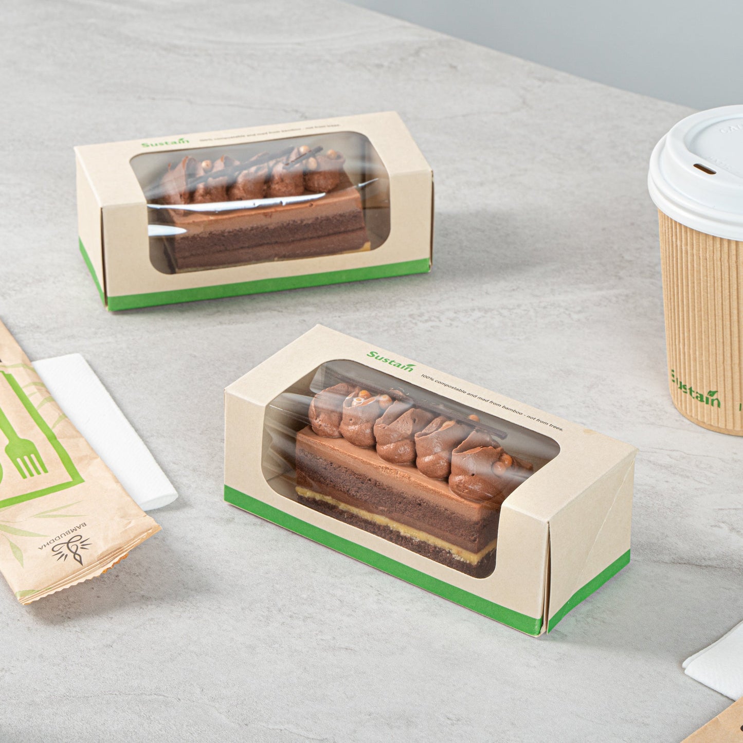 Sustain 13 oz Bamboo Paper Small Take Out Container - with PLA Lining and Window, Compostable - 6" x 2 1/2" x 2" - 50 count box