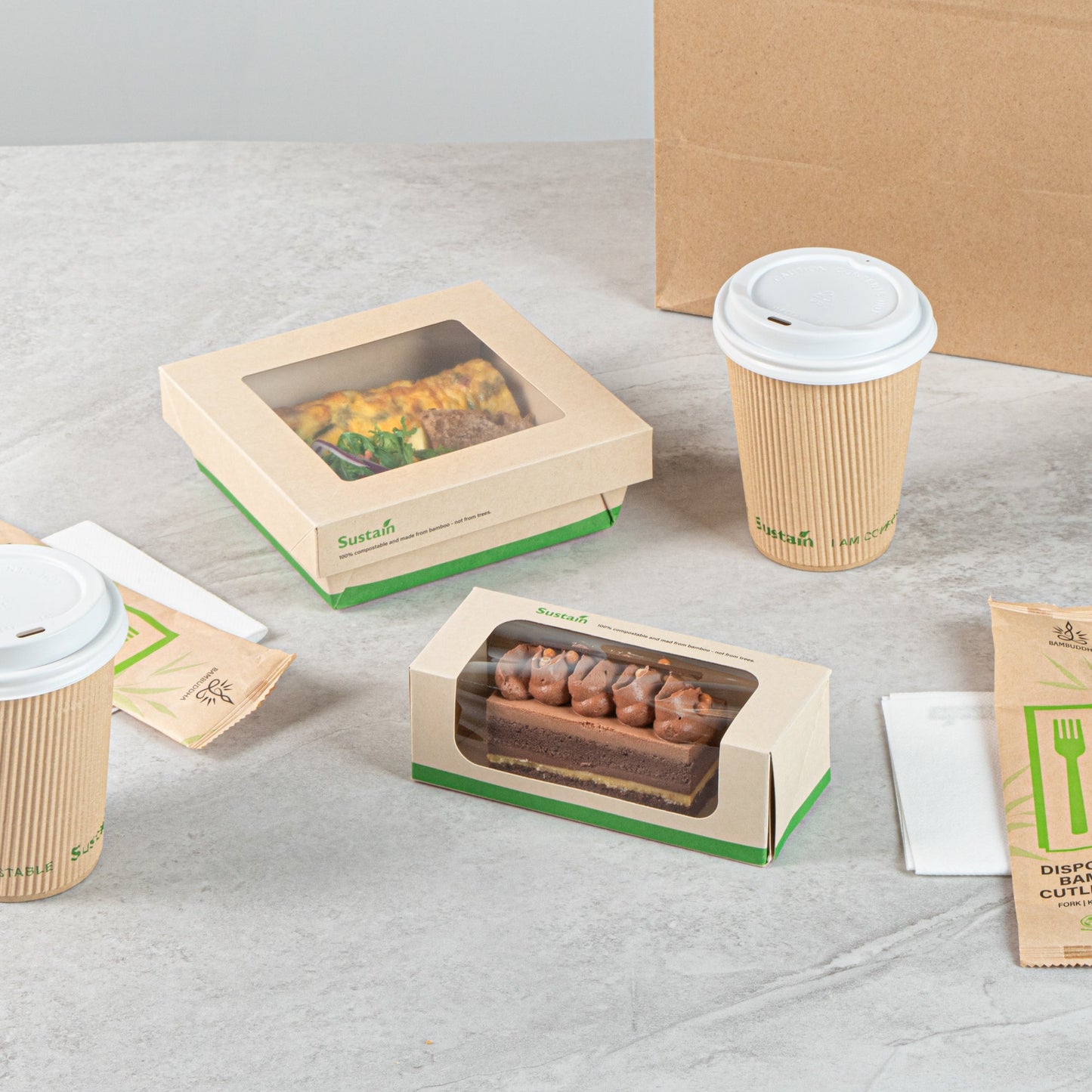 Sustain 13 oz Bamboo Paper Small Take Out Container - with PLA Lining and Window, Compostable - 6" x 2 1/2" x 2" - 50 count box