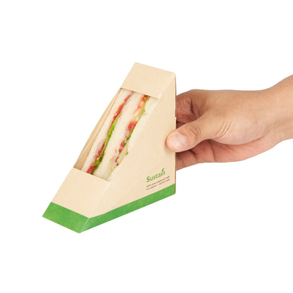 Sustain Bamboo Paper Small Sandwich Box - with PLA Lining and Window, Compostable - 4 3/4" x 4 3/4" x 2" - 200 count box