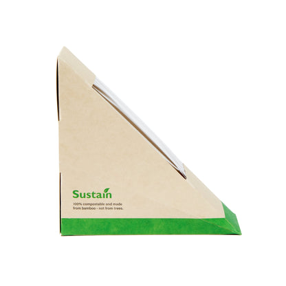 Sustain Bamboo Paper Small Sandwich Box - with PLA Lining and Window, Compostable - 4 3/4" x 4 3/4" x 2" - 200 count box