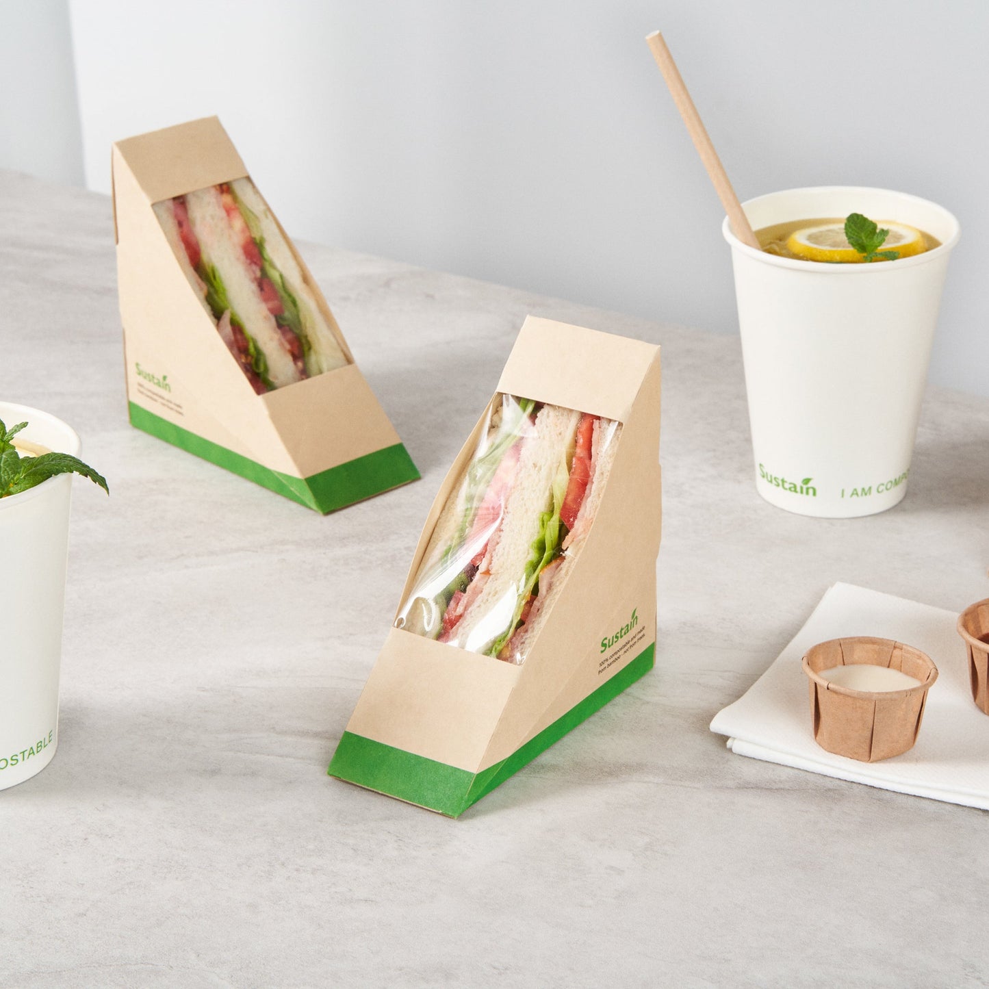 Sustain Bamboo Paper Small Sandwich Box - with PLA Lining and Window, Compostable - 4 3/4" x 4 3/4" x 2" - 200 count box