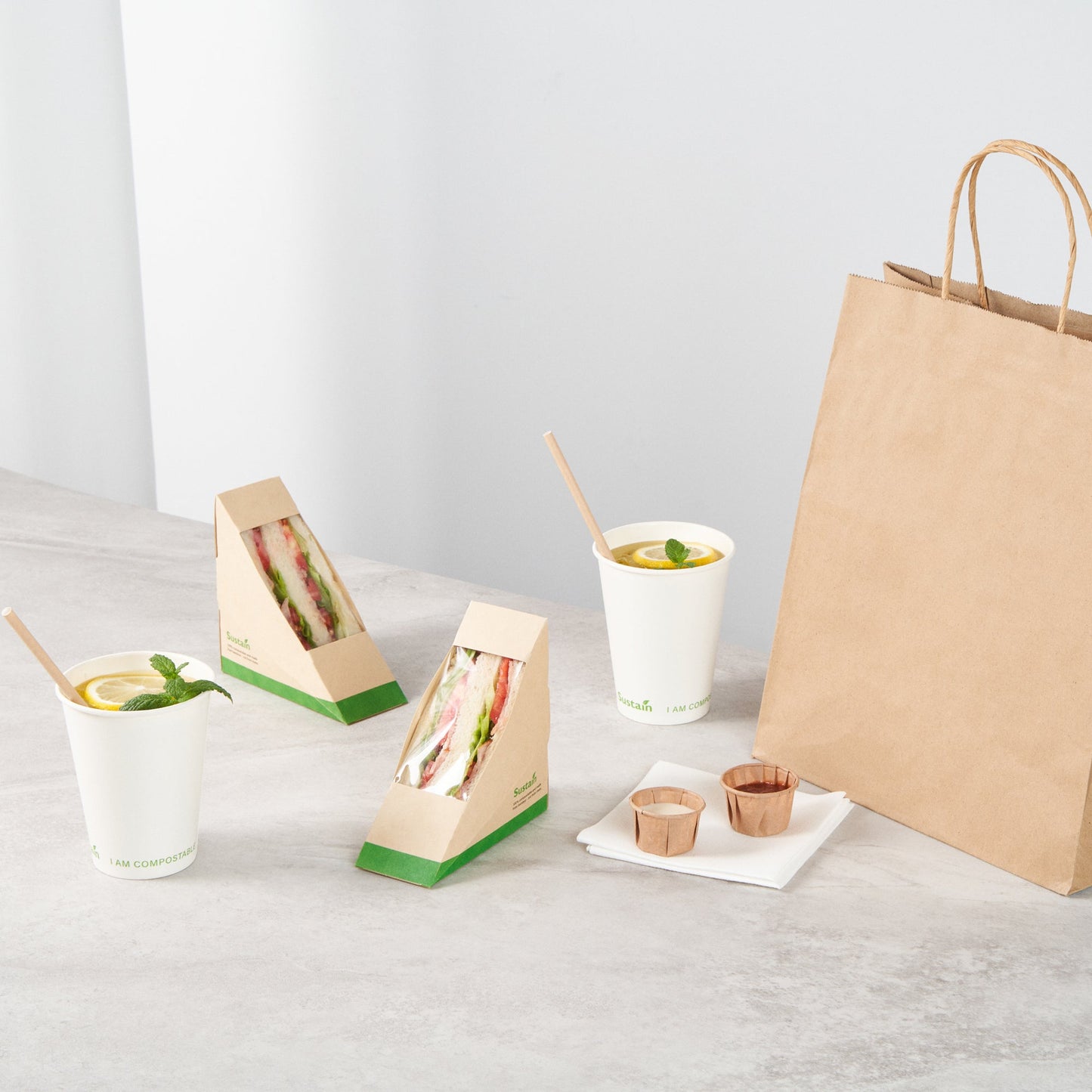 Sustain Bamboo Paper Small Sandwich Box - with PLA Lining and Window, Compostable - 4 3/4" x 4 3/4" x 2" - 200 count box