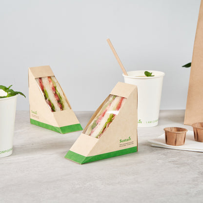 Sustain Bamboo Paper Small Sandwich Box - with PLA Lining and Window, Compostable - 4 3/4" x 4 3/4" x 2" - 200 count box