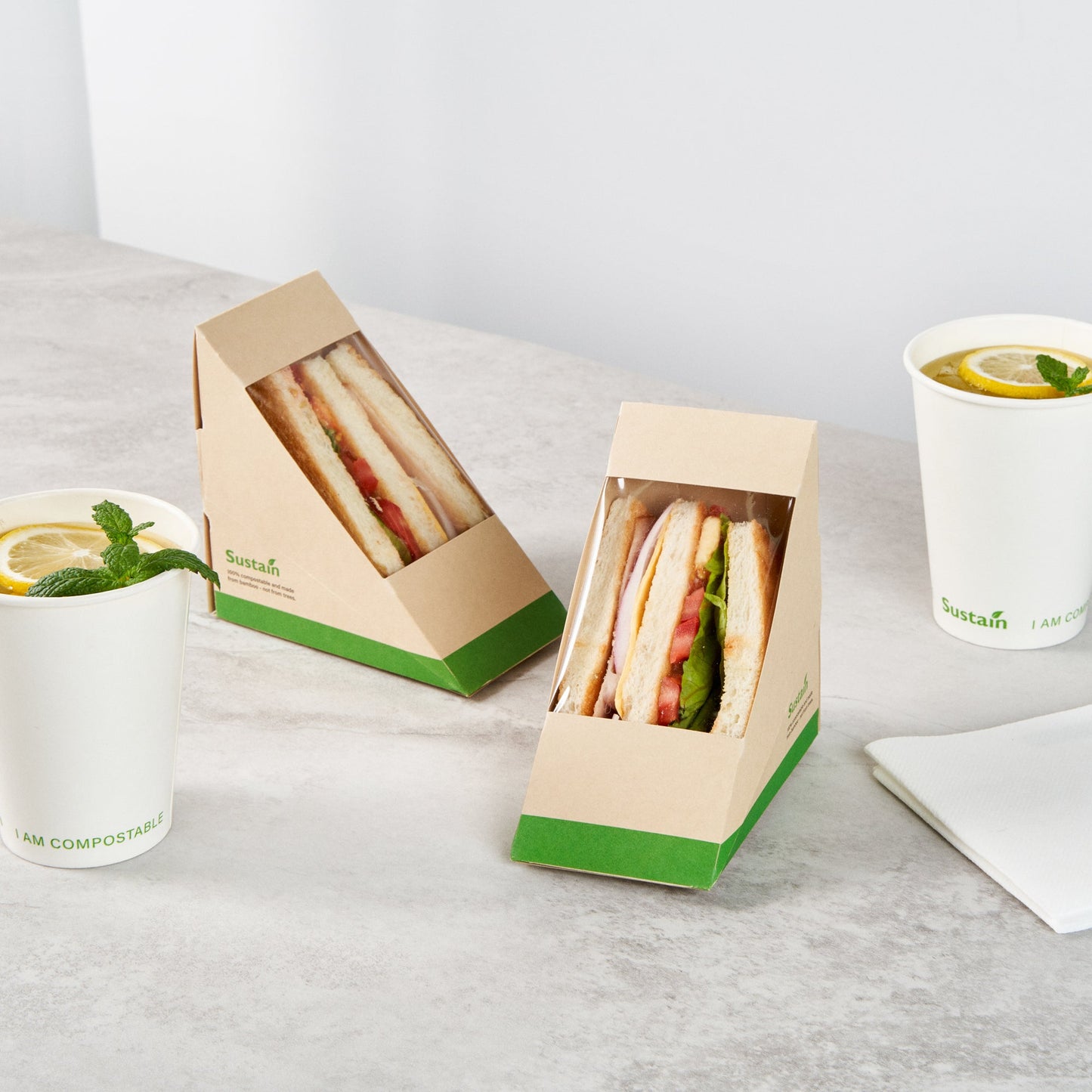 Sustain Bamboo Paper Medium Sandwich Box - with PLA Lining and Window, Compostable - 4 3/4" x 4 3/4" x 2 3/4" - 25 count box