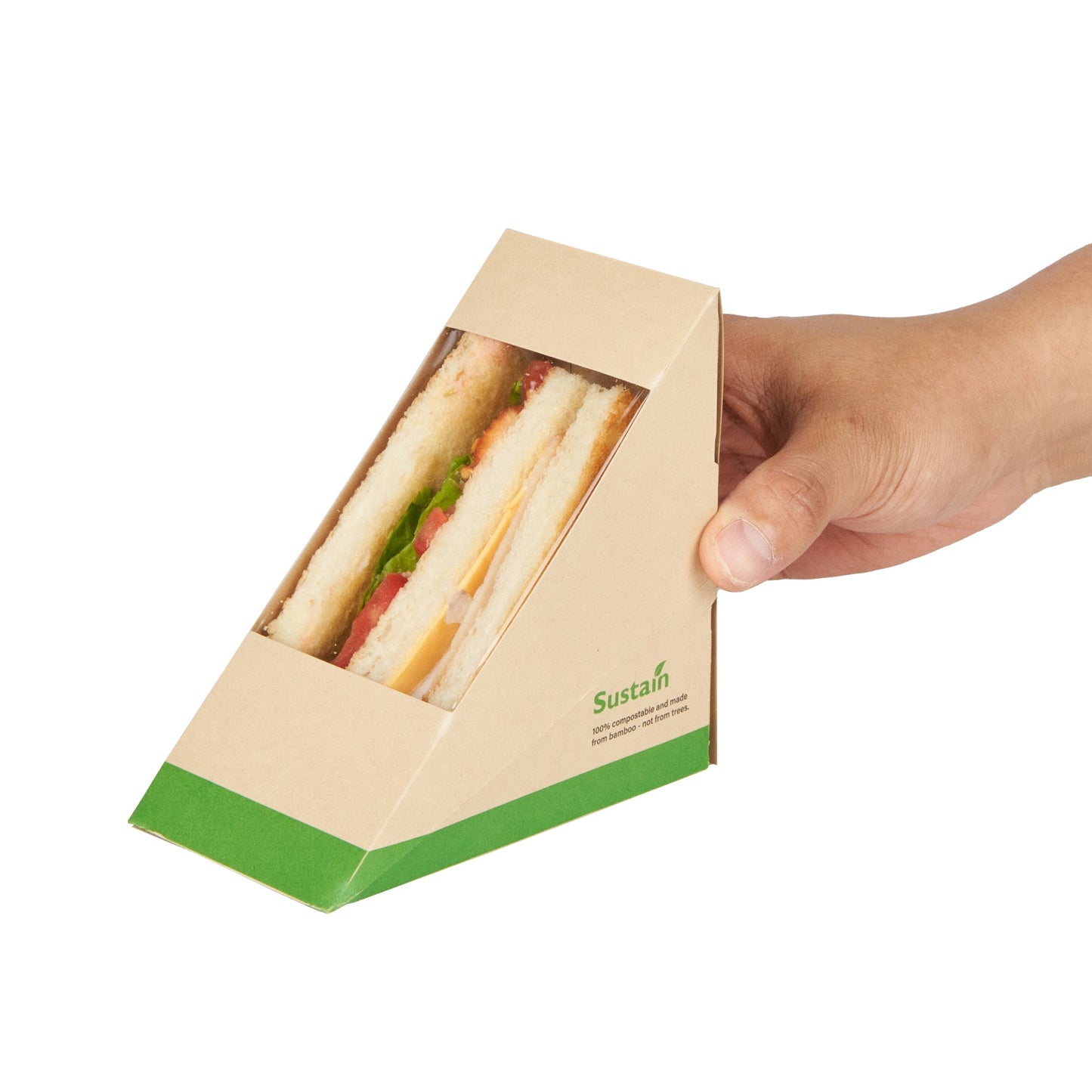 Sustain Bamboo Paper Medium Sandwich Box - with PLA Lining and Window, Compostable - 4 3/4" x 4 3/4" x 2 3/4" - 25 count box