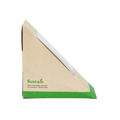 Sustain Bamboo Paper Medium Sandwich Box - with PLA Lining and Window, Compostable - 4 3/4" x 4 3/4" x 2 3/4" - 25 count box