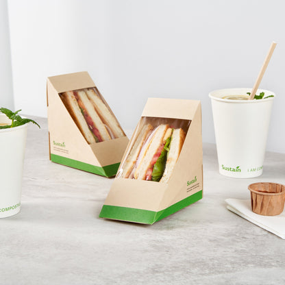 Sustain Bamboo Paper Medium Sandwich Box - with PLA Lining and Window, Compostable - 4 3/4" x 4 3/4" x 2 3/4" - 25 count box