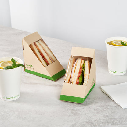 Sustain Bamboo Paper Medium Sandwich Box - with PLA Lining and Window, Compostable - 4 3/4" x 4 3/4" x 2 3/4" - 200 count box