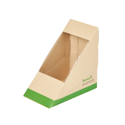 Sustain Bamboo Paper Medium Sandwich Box - with PLA Lining and Window, Compostable - 4 3/4" x 4 3/4" x 2 3/4" - 200 count box