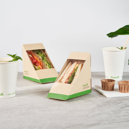 Sustain Bamboo Paper Medium Sandwich Box - with PLA Lining and Window, Compostable - 4 3/4" x 4 3/4" x 2 3/4" - 200 count box