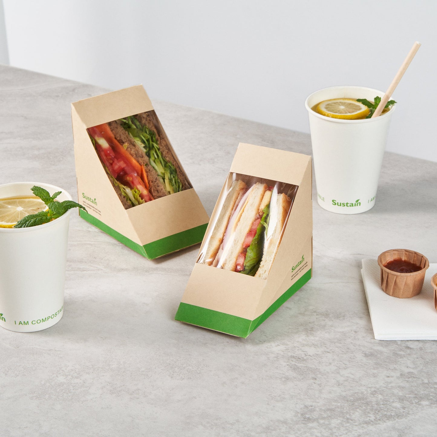 Sustain Bamboo Paper Medium Sandwich Box - with PLA Lining and Window, Compostable - 4 3/4" x 4 3/4" x 2 3/4" - 200 count box