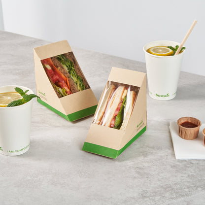 Sustain Bamboo Paper Medium Sandwich Box - with PLA Lining and Window, Compostable - 4 3/4" x 4 3/4" x 2 3/4" - 200 count box