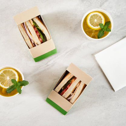 Sustain Bamboo Paper Medium Sandwich Box - with PLA Lining and Window, Compostable - 4 3/4" x 4 3/4" x 2 3/4" - 200 count box