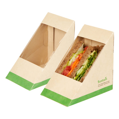 Sustain Bamboo Paper Large Sandwich Box - with PLA Lining and Window, Compostable - 4 3/4" x 4 3/4" x 3 1/4" - 25 count box