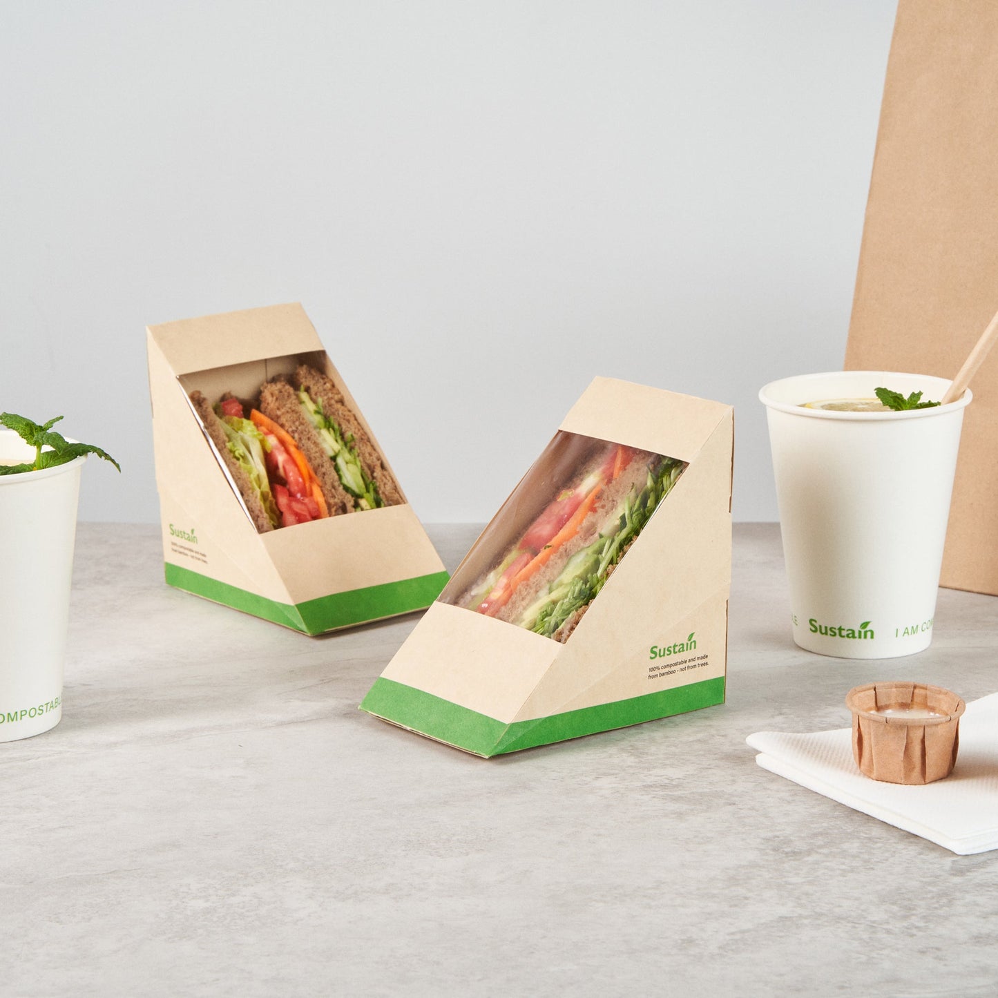 Sustain Bamboo Paper Large Sandwich Box - with PLA Lining and Window, Compostable - 4 3/4" x 4 3/4" x 3 1/4" - 25 count box